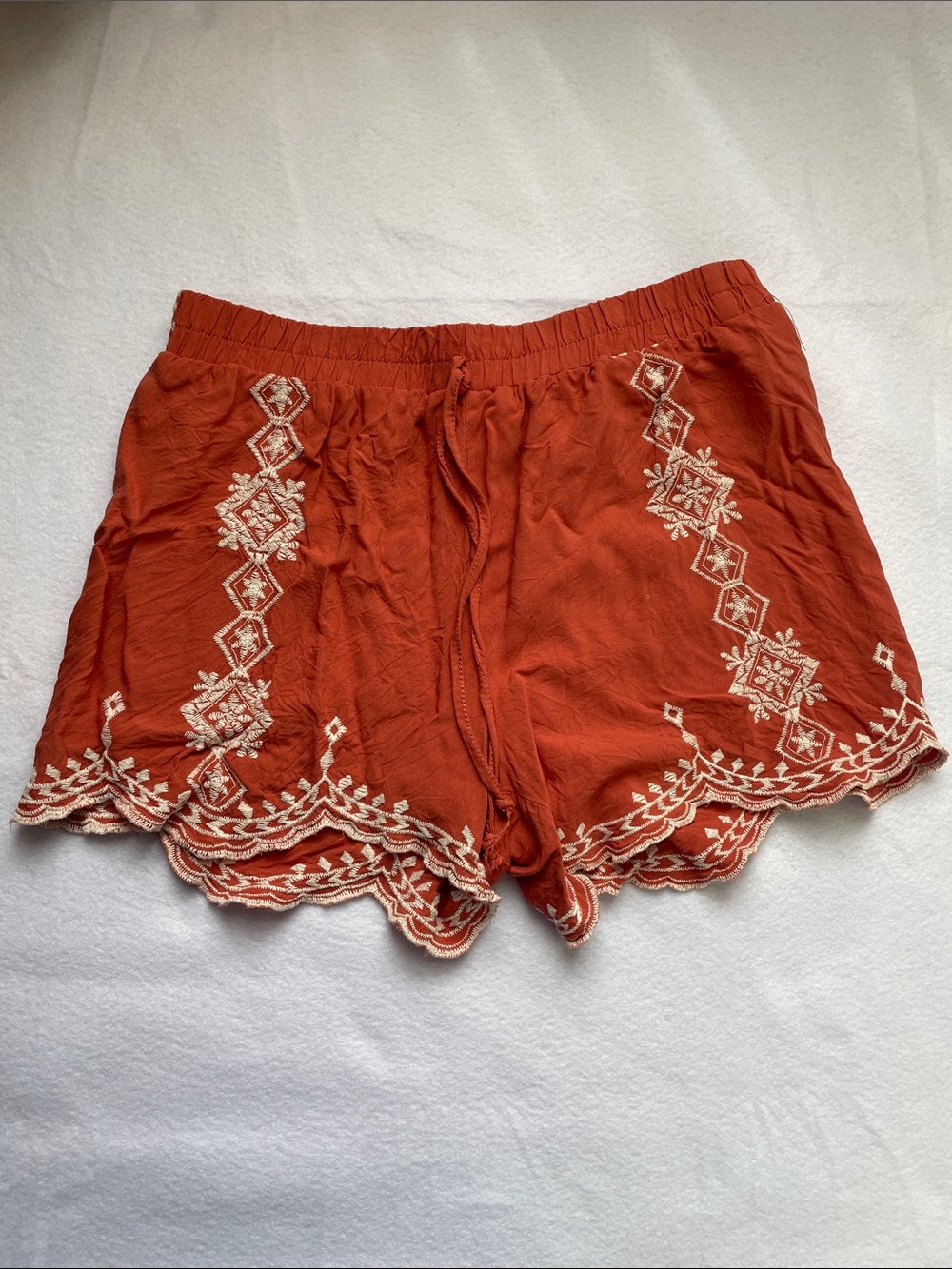 BeBop Rust Orange Embroidered Scallop-Hem High-Waist Shorts